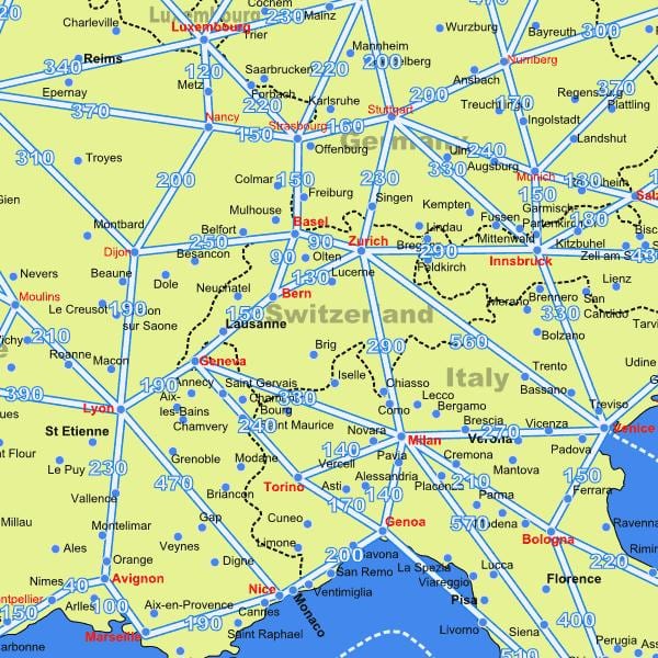 carte de la suisse, une carte avec des distances