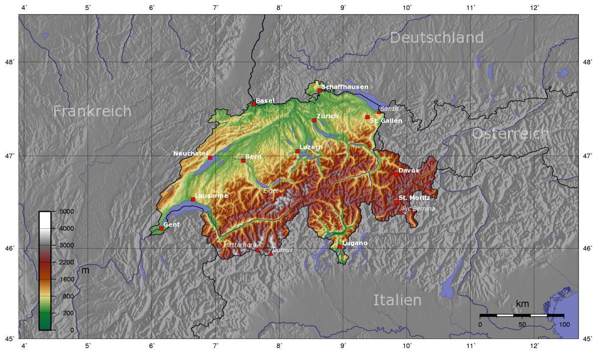 carte de la suisse, de l'élévation