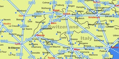 Carte de la suisse, une carte avec des distances